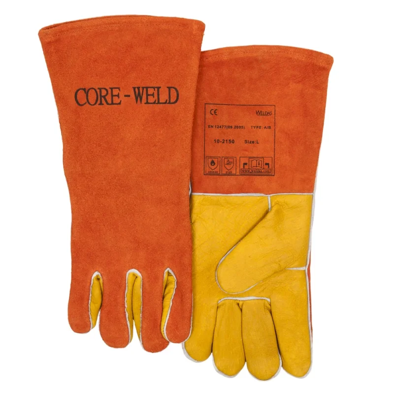 Welding glove with handpalm grain cowhide for oil- and weather resistancy, all other parts split-shoulder-cowleather