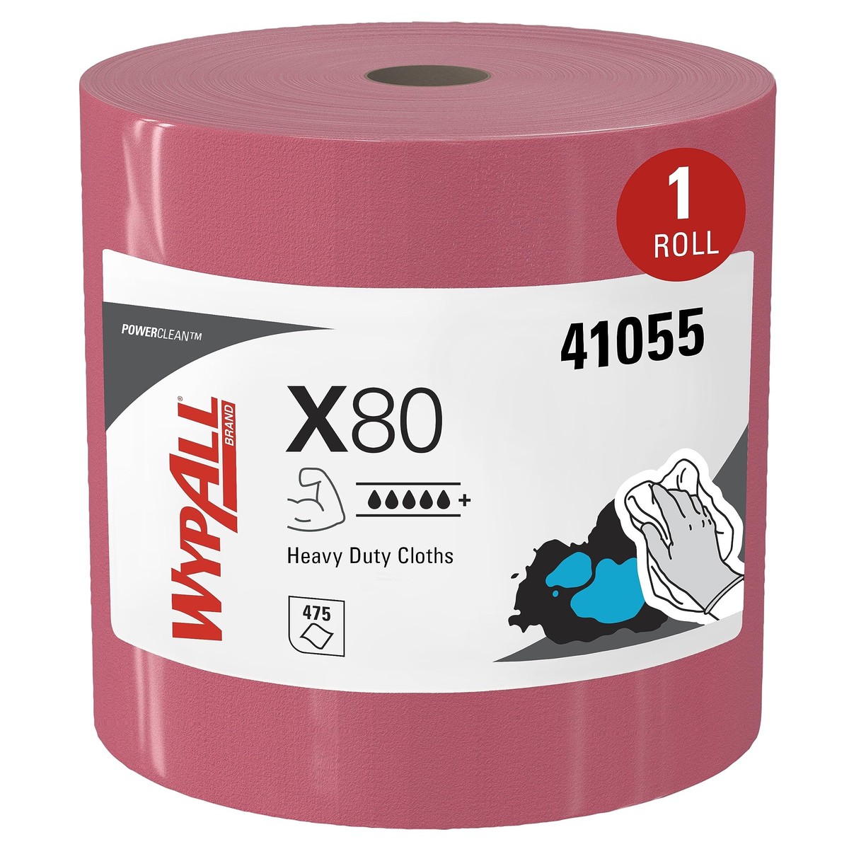WypAll PowerClean X80 Cloths Heavy Duty Wipes (41055), Jumbo, Extended Use Towels, Red (1 Roll of 475 Sheets, 475 Sheet Total)